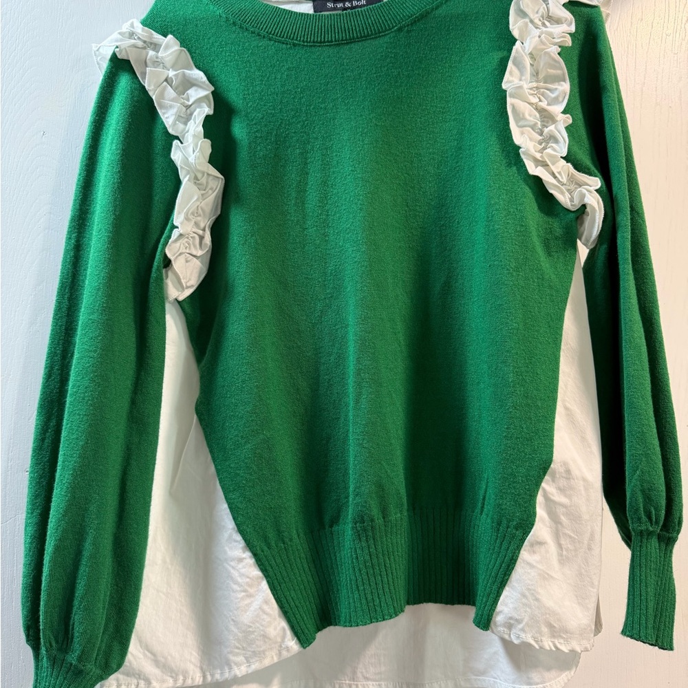 Strut & Bolt Green Sweater with Ruffle Accents